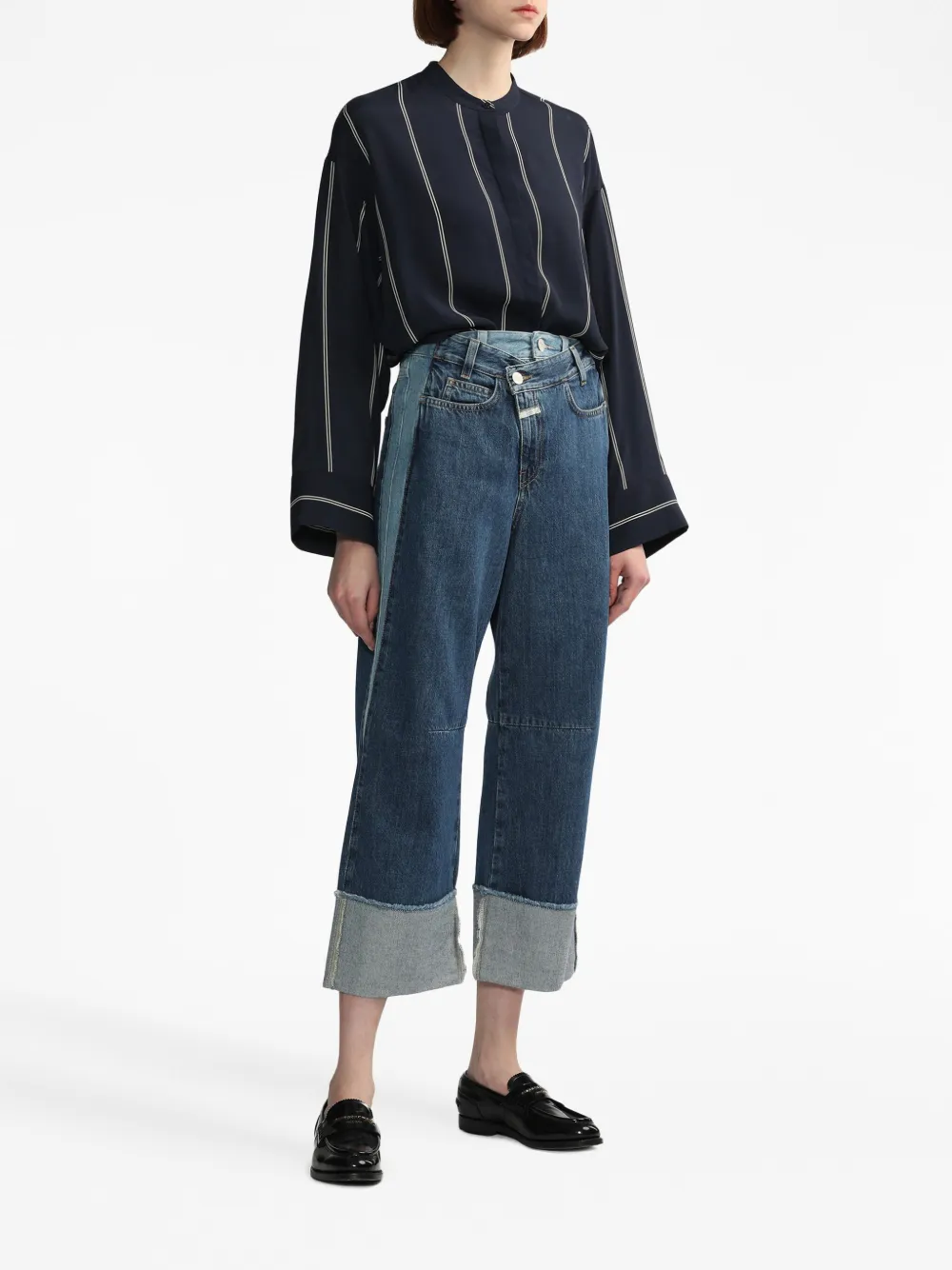Closed striped collarless shirt - Blauw