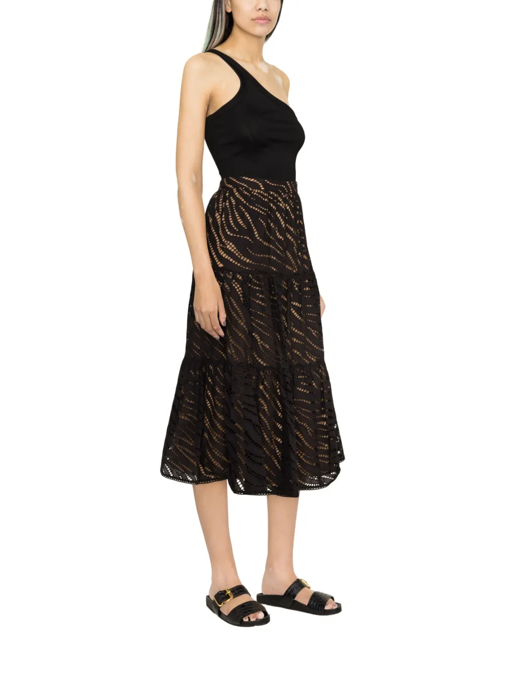Michael Michael Kors Cotton Tiered Eyelet Midi Skirt In Black