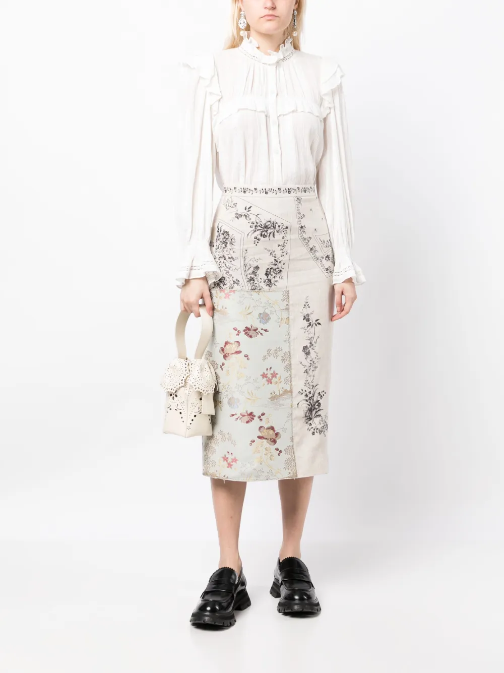 Erdem floral-print linen midi skirt - Beige