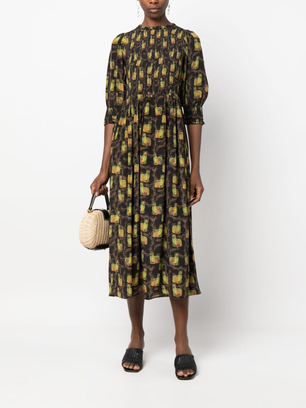 Shop Muzungu Sisters Graphic-print Elasticated Dress In 黑色