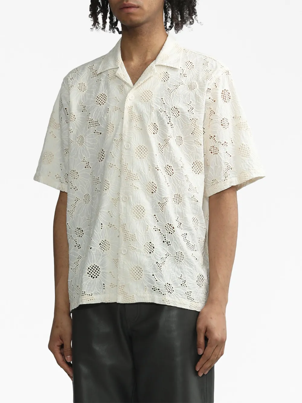 Sunflower floral-embroidery short-sleeve shirt - Wit