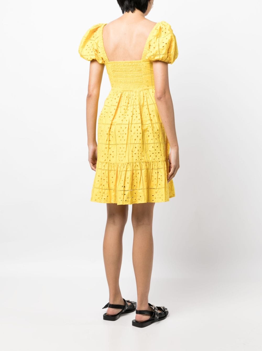 Shop Ganni Broderie Anglaise Flared Dress In Yellow
