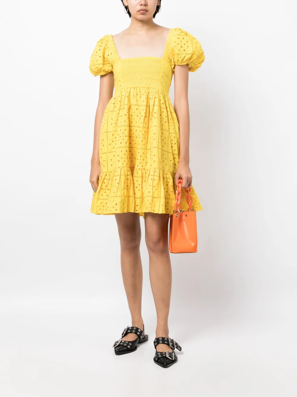 Shop Ganni Broderie Anglaise Flared Dress In Yellow