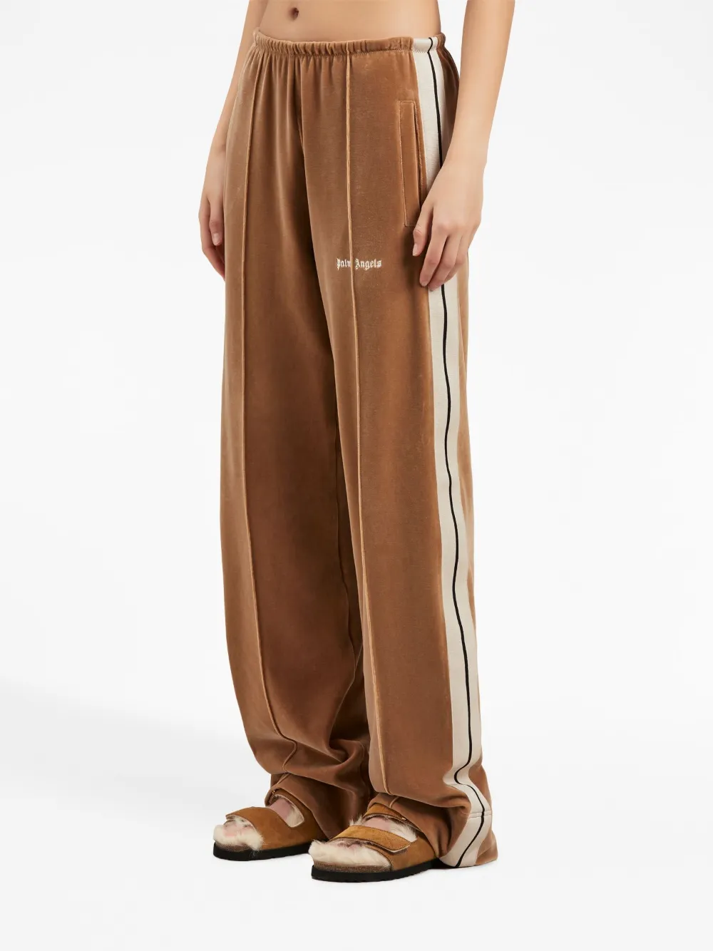 Shop Palm Angels Wide-leg Velvet Track Pants In Brown