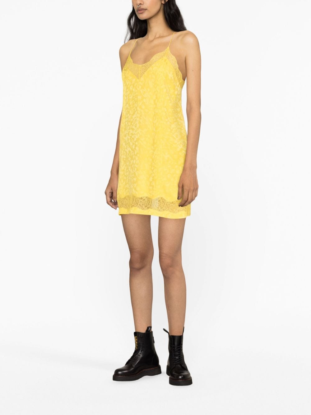 Shop Zadig & Voltaire Lace-trim Silk-jacquard Minidress In Yellow