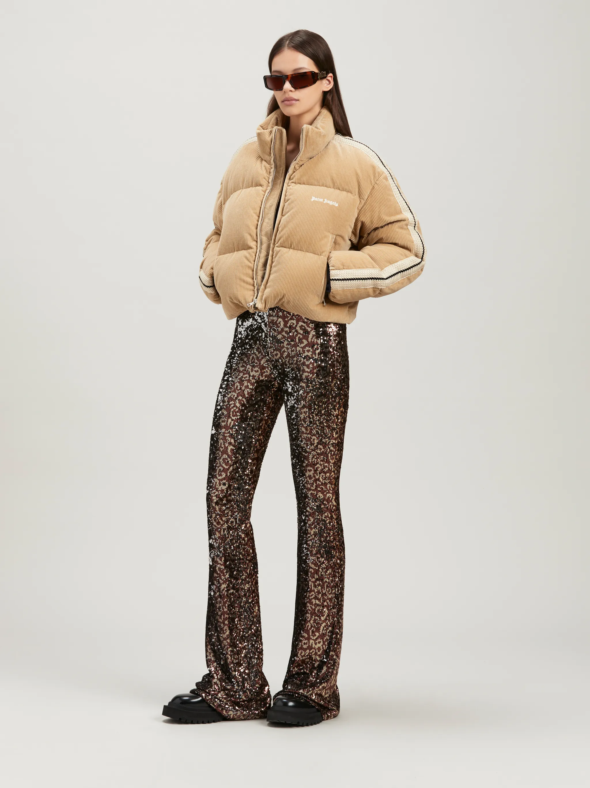 Logo Tape Sequins Flare Pants
