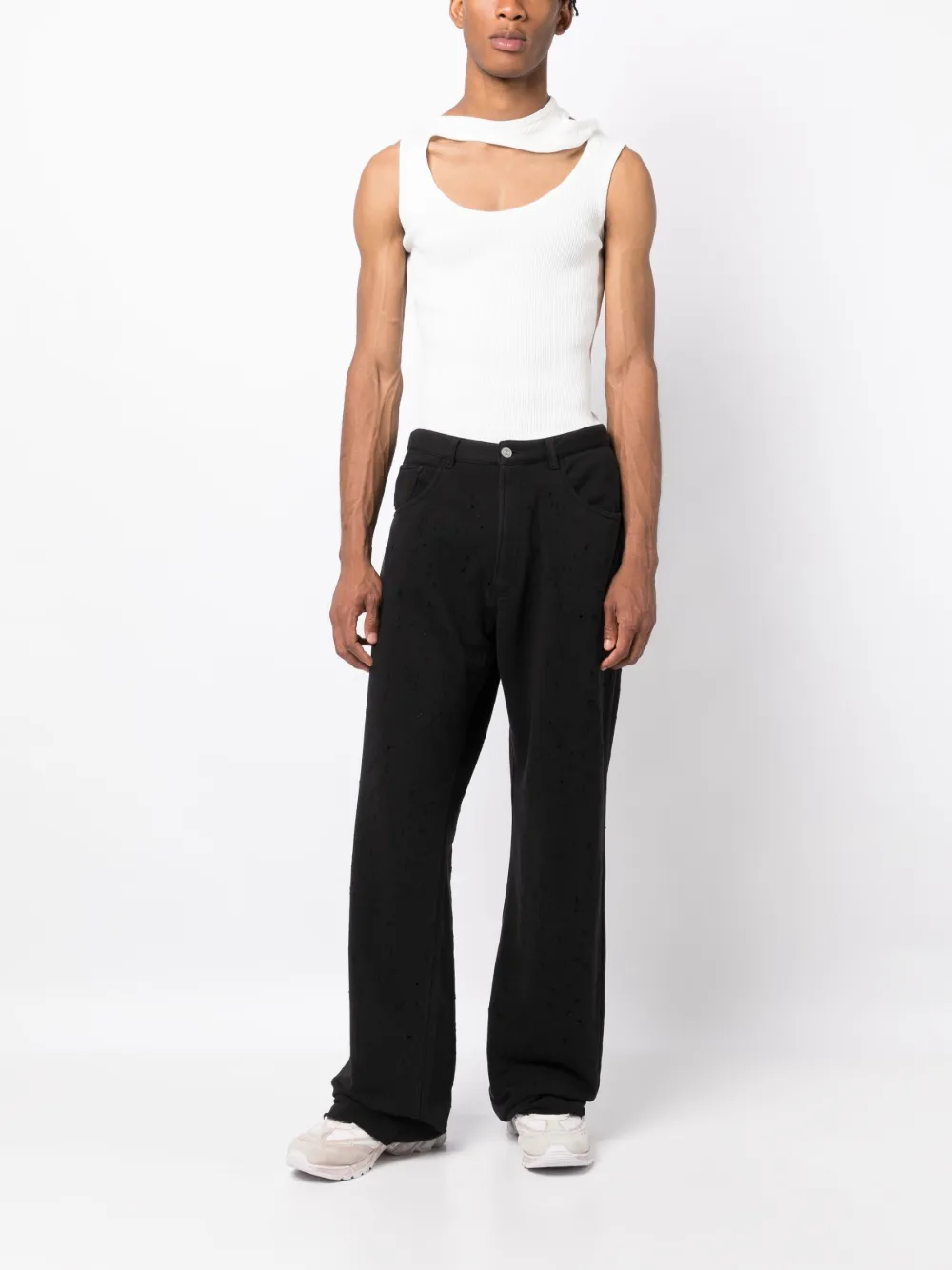 MM6 Maison Margiela distressed-effect wide-leg trousers - Zwart
