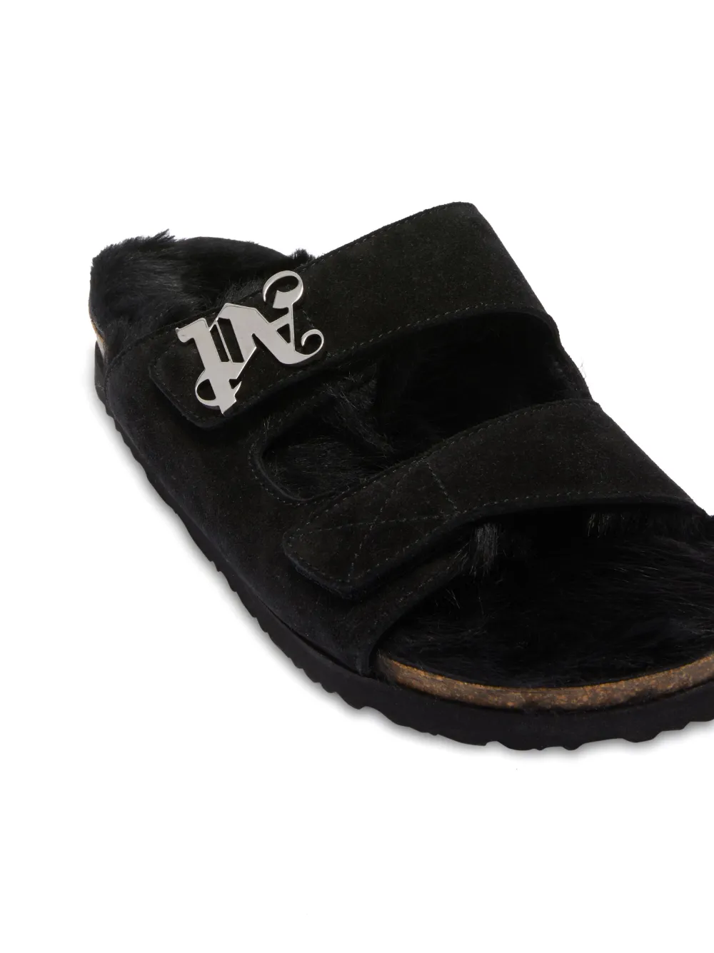 Shop Palm Angels Monogram-plaque Faux-fur Sandals In Black