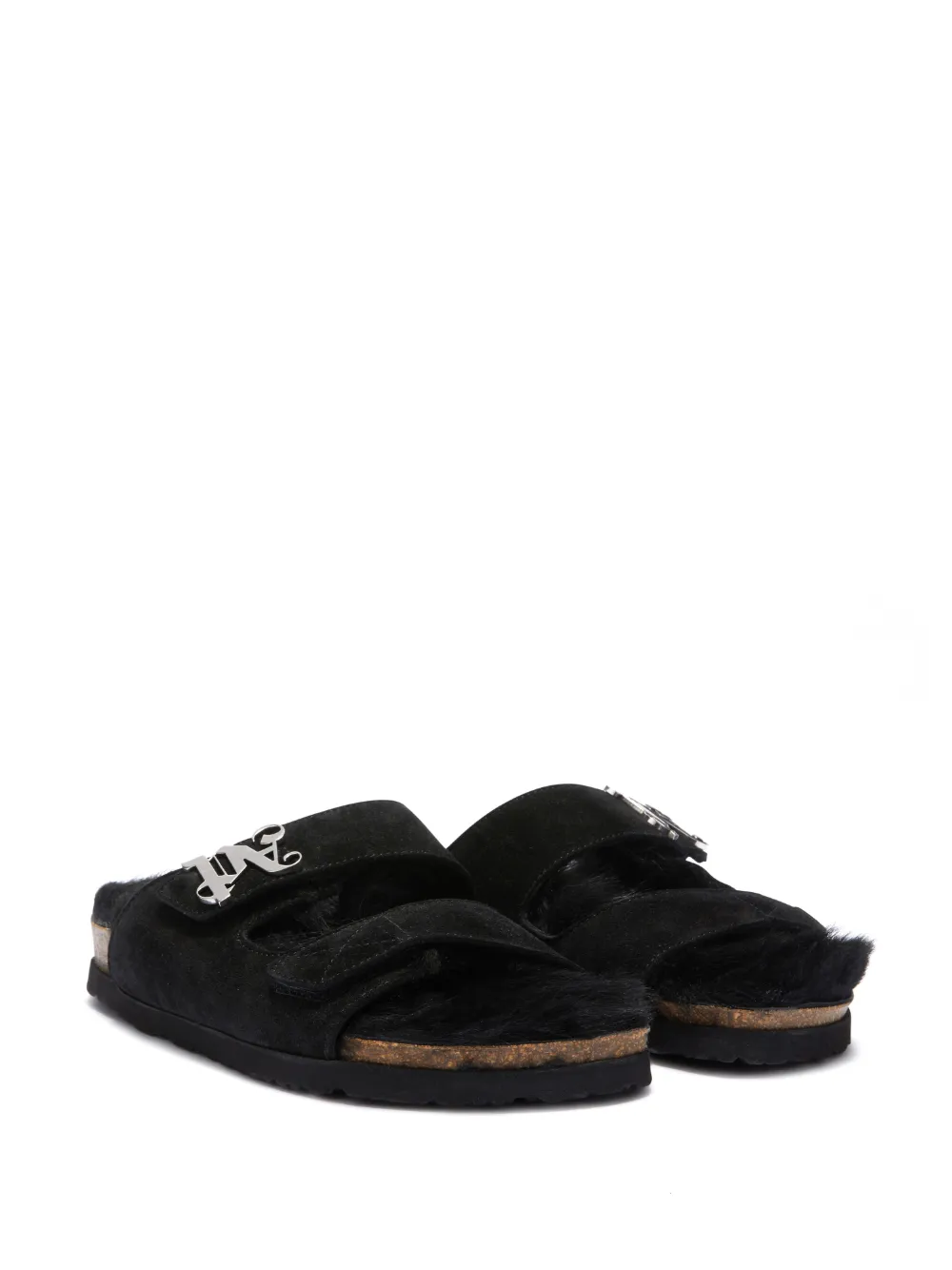 Shop Palm Angels Monogram-plaque Faux-fur Sandals In Black