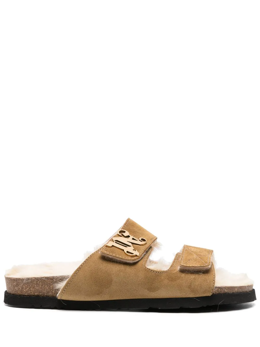 Palm Angels monogram-plaque shearling sandals - CAMEL BEIGE