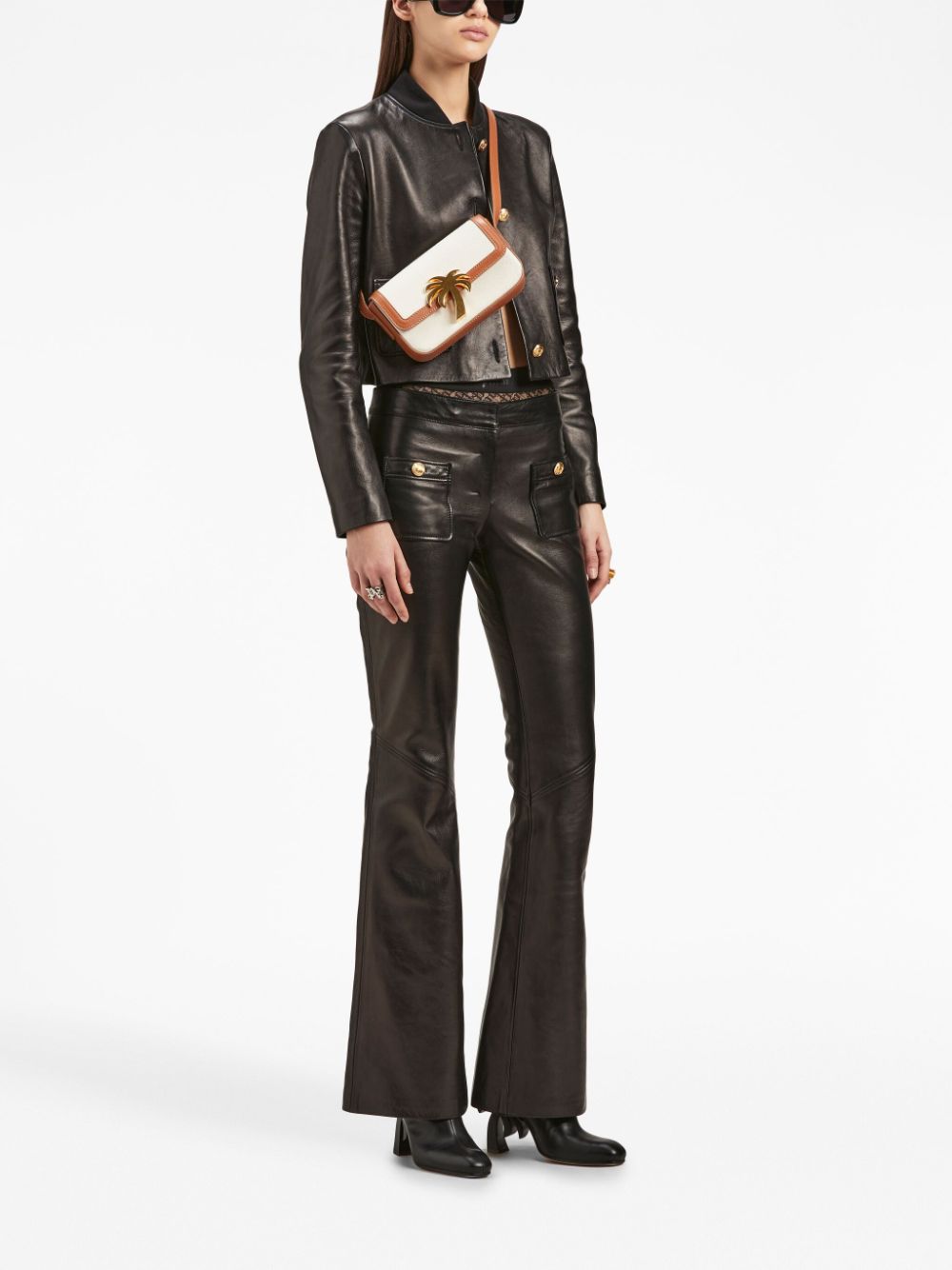 Shop Palm Angels Mid-rise Leather Flared Trousers In Black