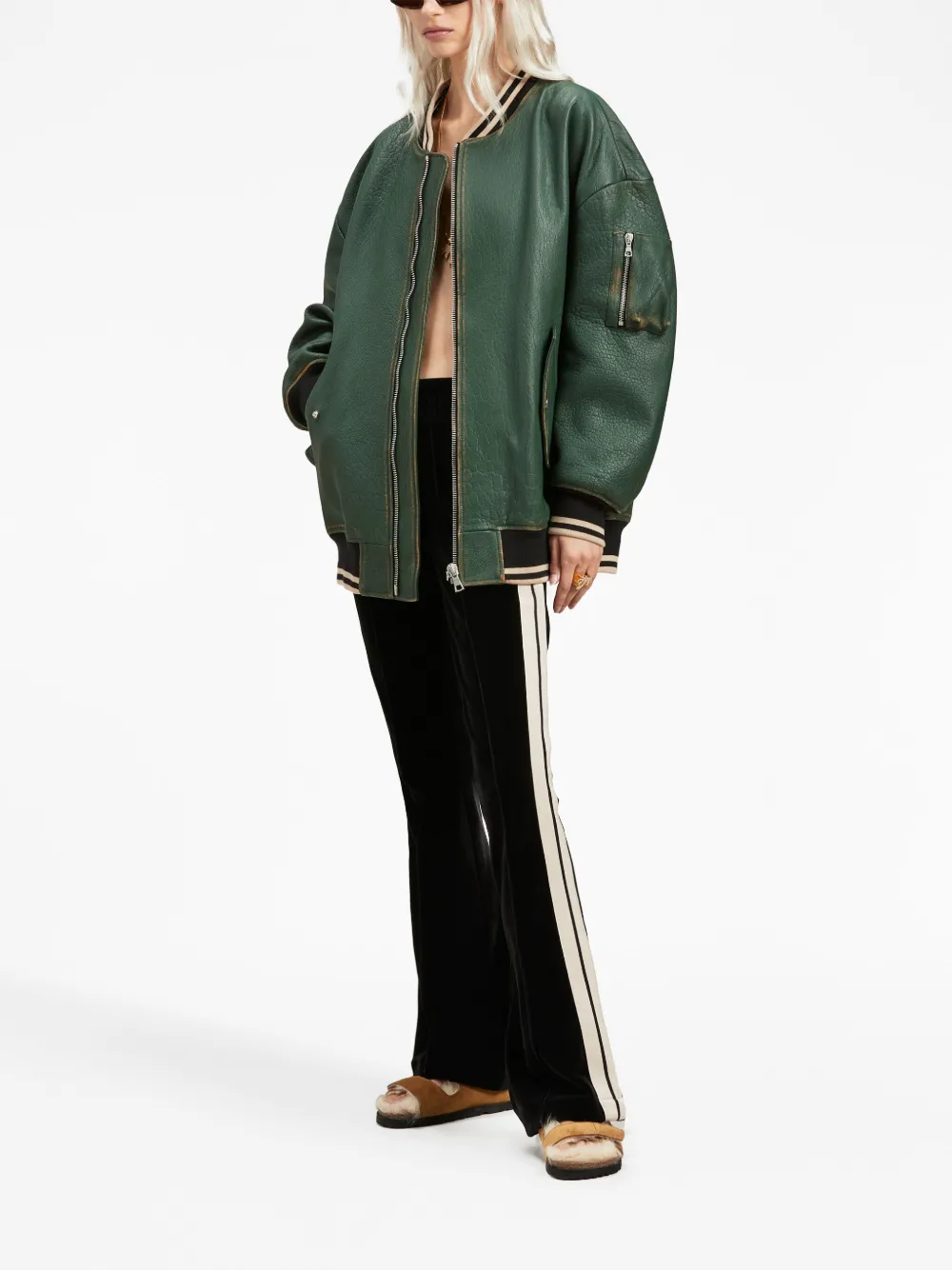 Shop Palm Angels Sunset Leather Bomber Jacket In Green