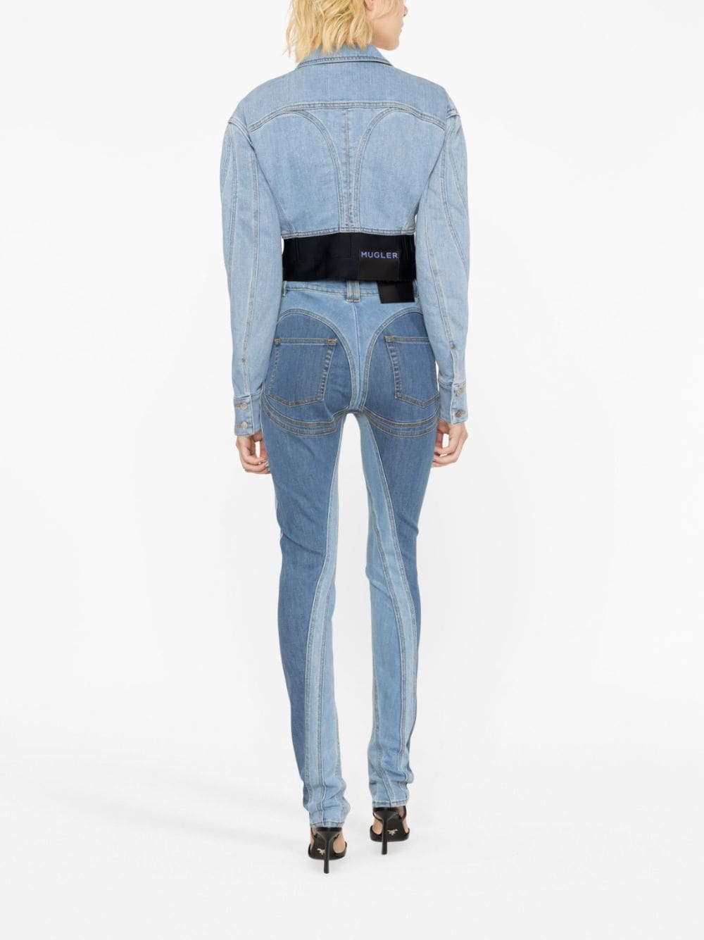 Shop Mugler Panelled Cropped Denim Jacket In Blue