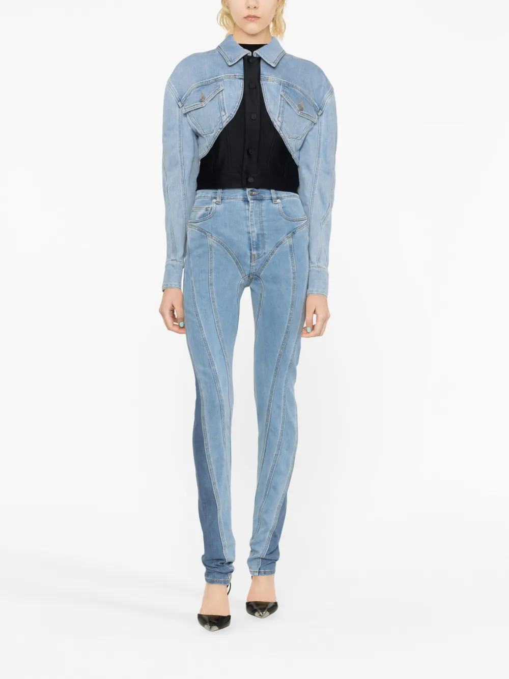 Shop Mugler Panelled Cropped Denim Jacket In Blue