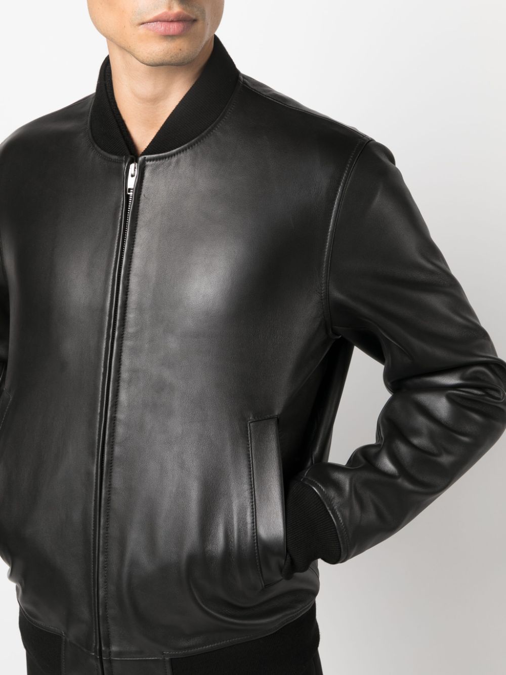 Shop Sandro Rib-trimmed Leather Bomber Jacket In Black