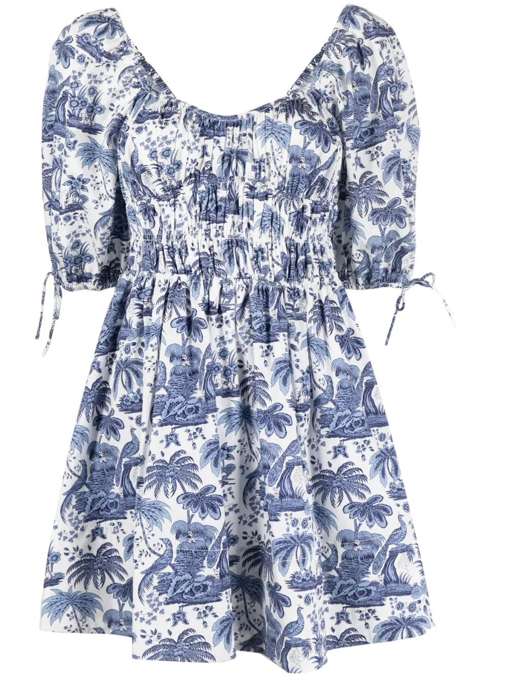 Staud Faye Tropical-print Cotton-blend Poplin Mini Dress In Blue