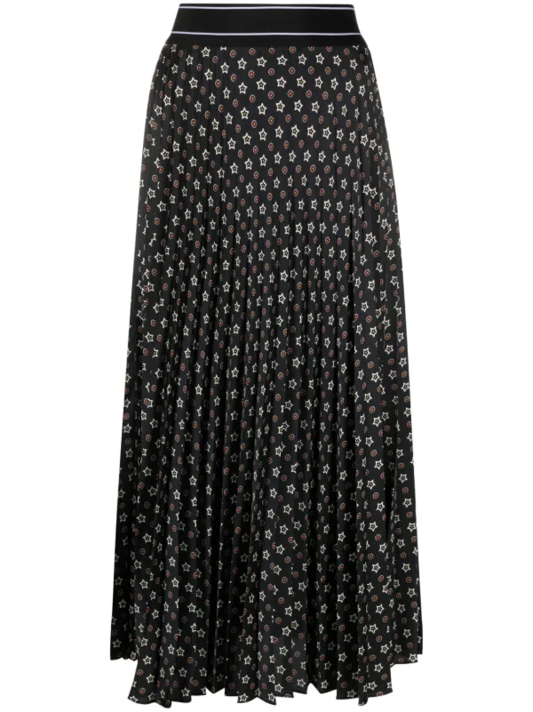 SANDRO star print Pleated Satin Midi Skirt Farfetch