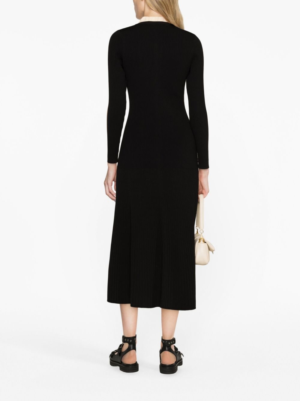 Shop Sandro Ribbed-knit Flared Midi Dress In Black