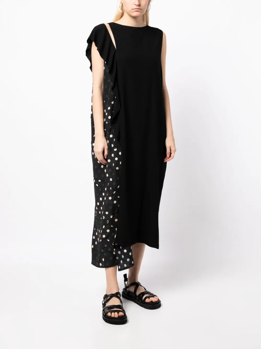 Y's asymmetric polka dot-print midi dress - Zwart