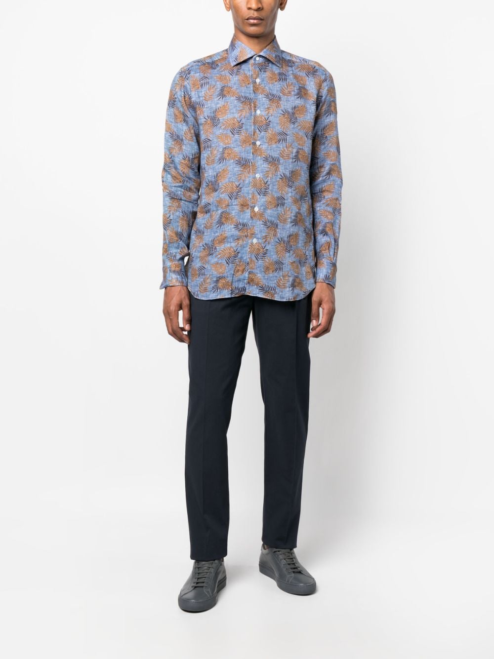 Barba leaf-print linen shirt - Blauw