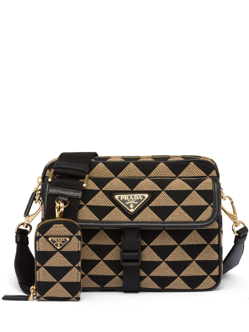 Shop Prada Symbole Embroidered Shoulder Bag In F0y30 Black/beige