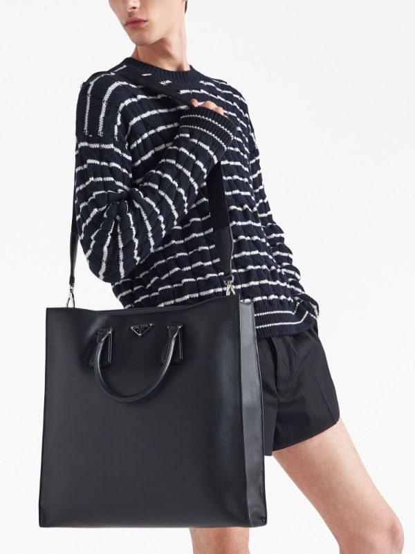 Prada - Men's Leather Tote Bag with Shoulder Strap - Black - Synthetic