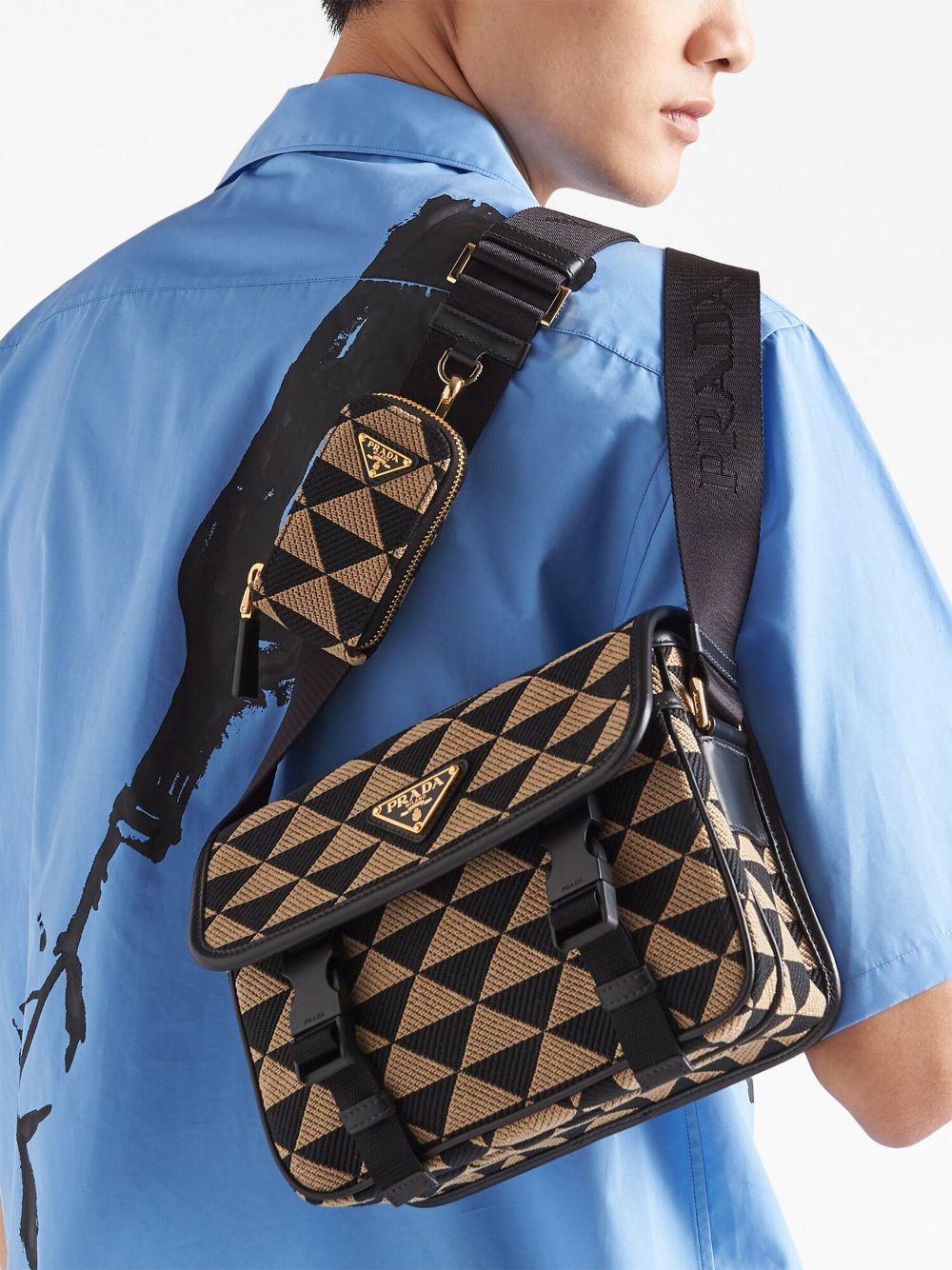 Shop Prada Symbole Embroidered Messenger Bag In F0y30 Black/beige