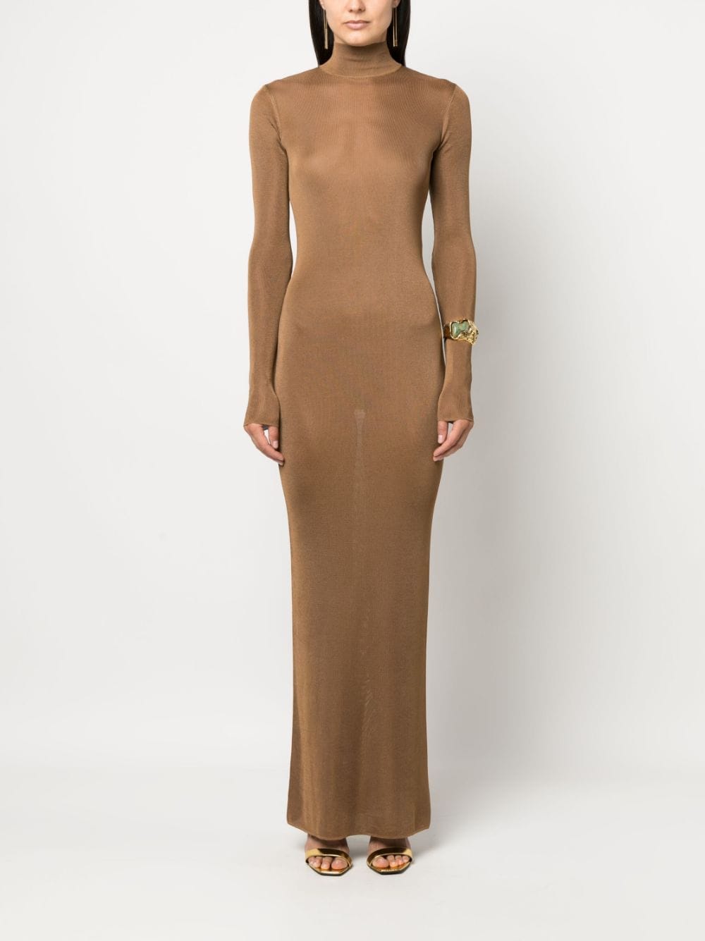 Shop Saint Laurent Funnel-neck Long-sleeve Dress In Braun