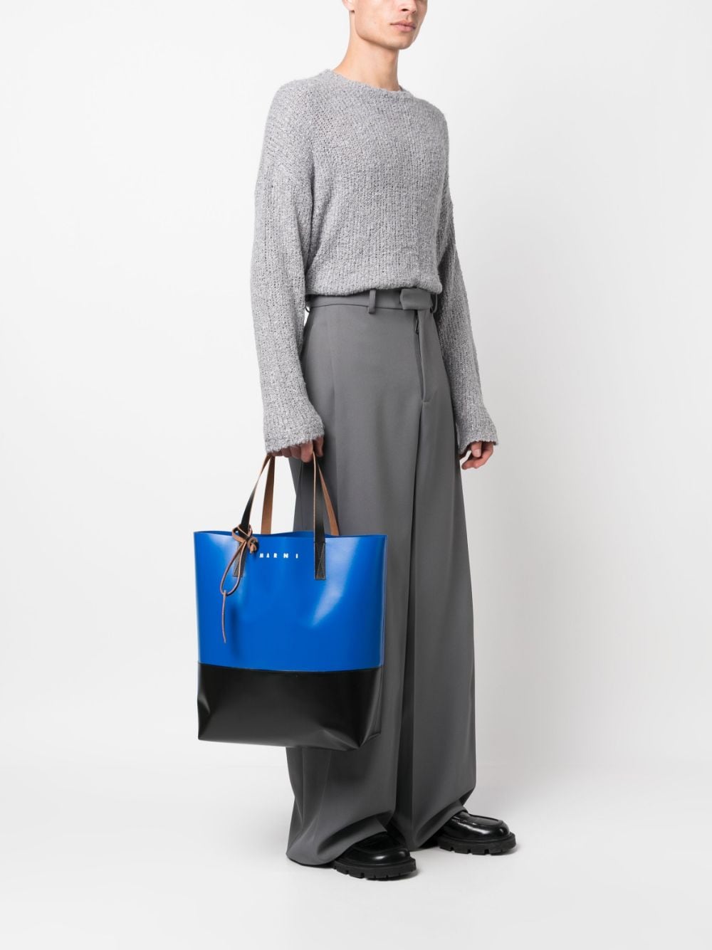 Shop Marni Tribeca Leather Tote Bag In Blue