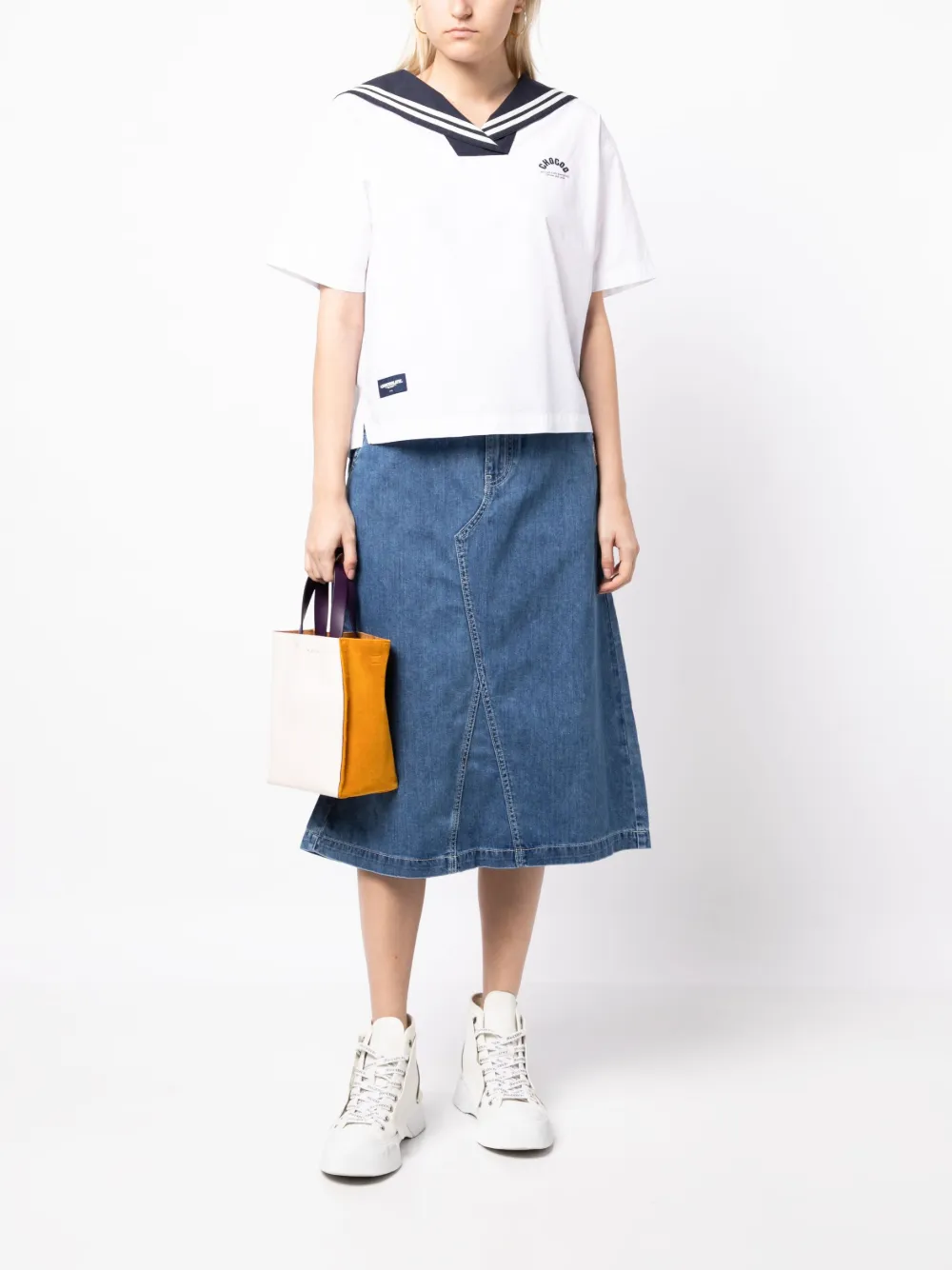 CHOCOOLATE logo-embroidered denim midi skirt - Blauw