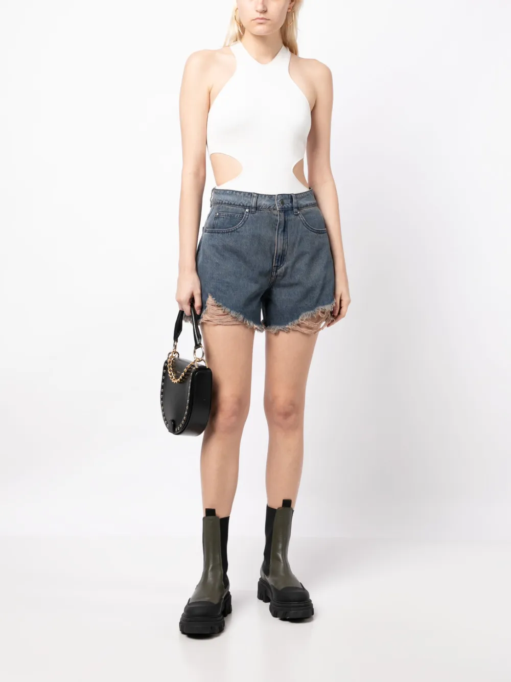 izzue distressed-effect logo-patch denim shorts - Blauw