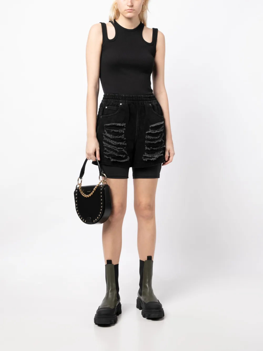 izzue distressed-effect layered denim shorts - Zwart