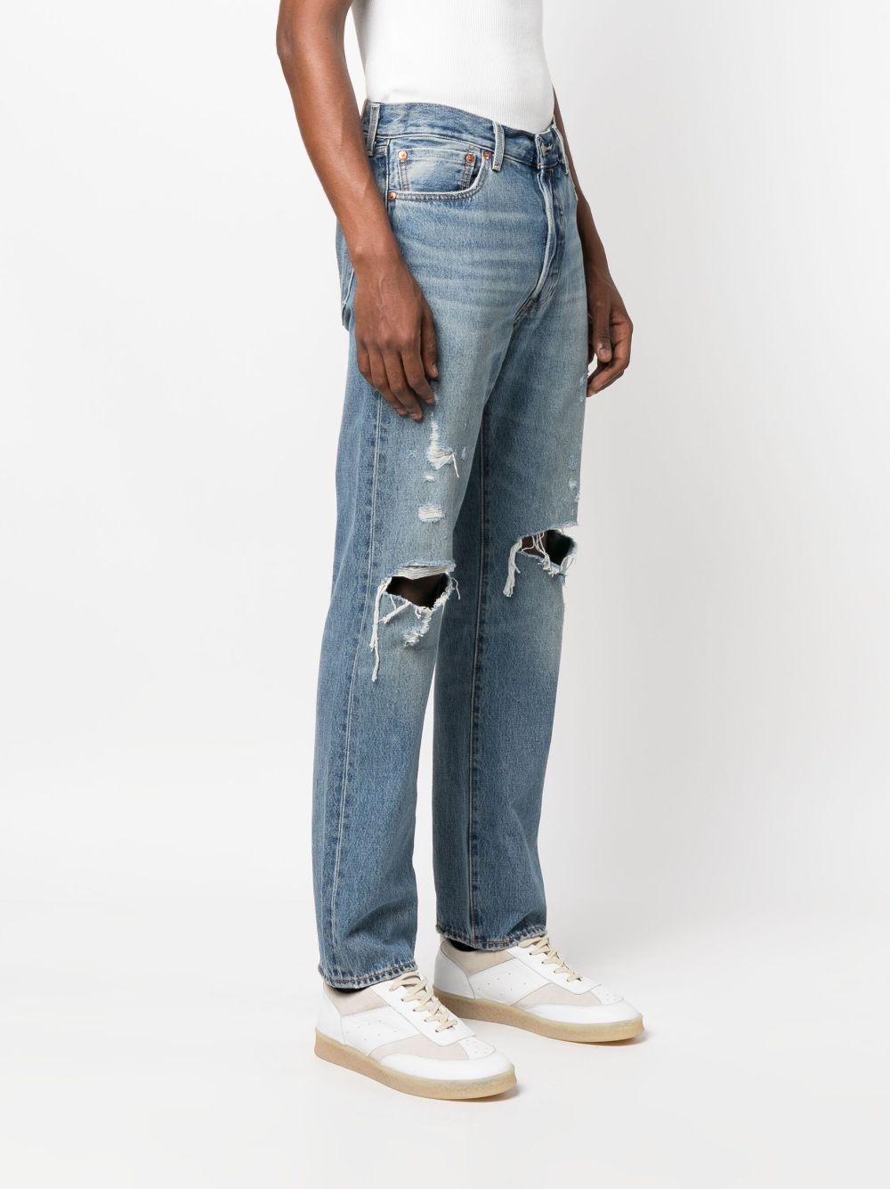 Shop Levi's Distressed Straight-leg Jeans In Blue