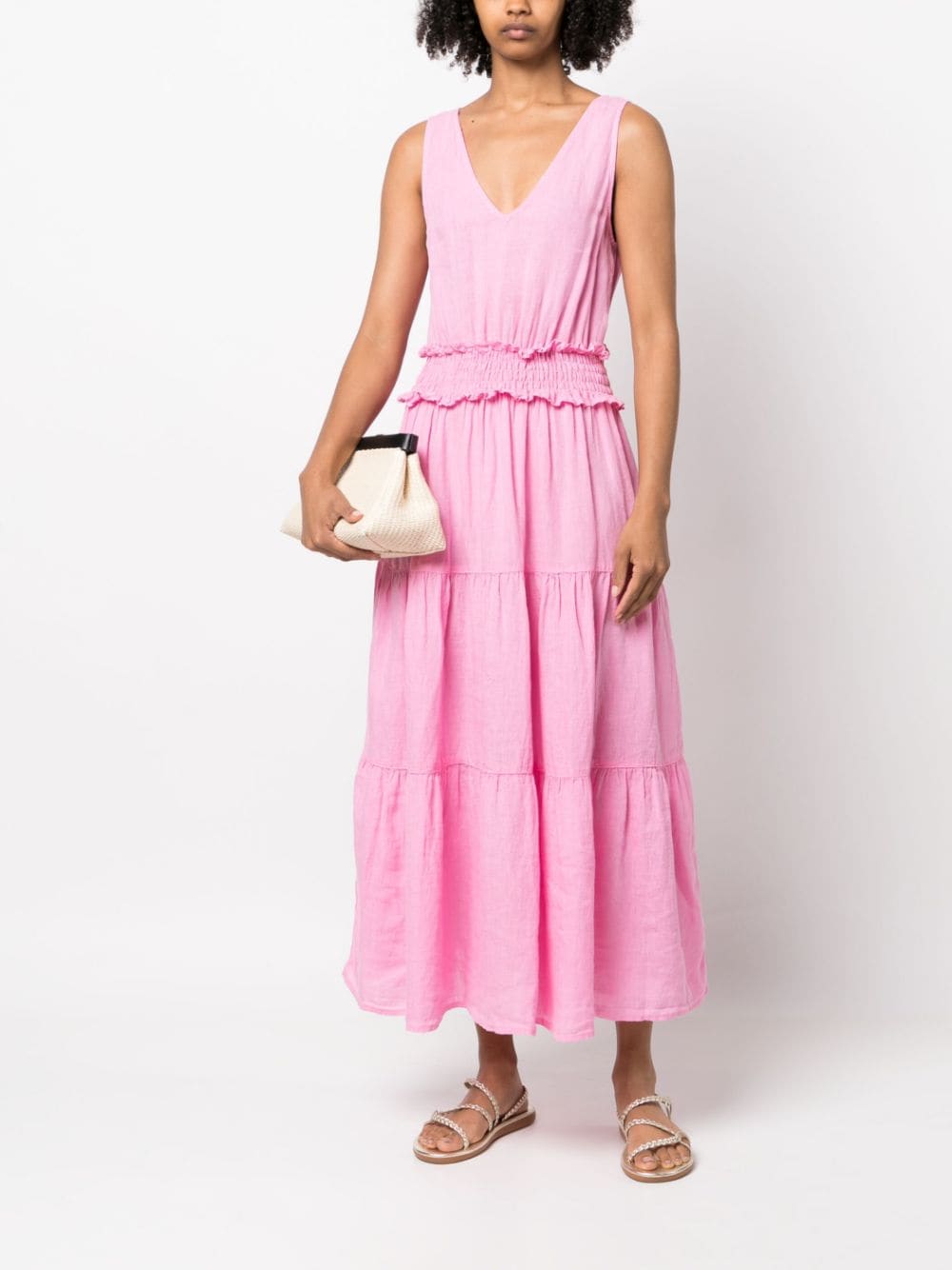 120% Lino sleeveless tiered-skirt midi dress - Roze