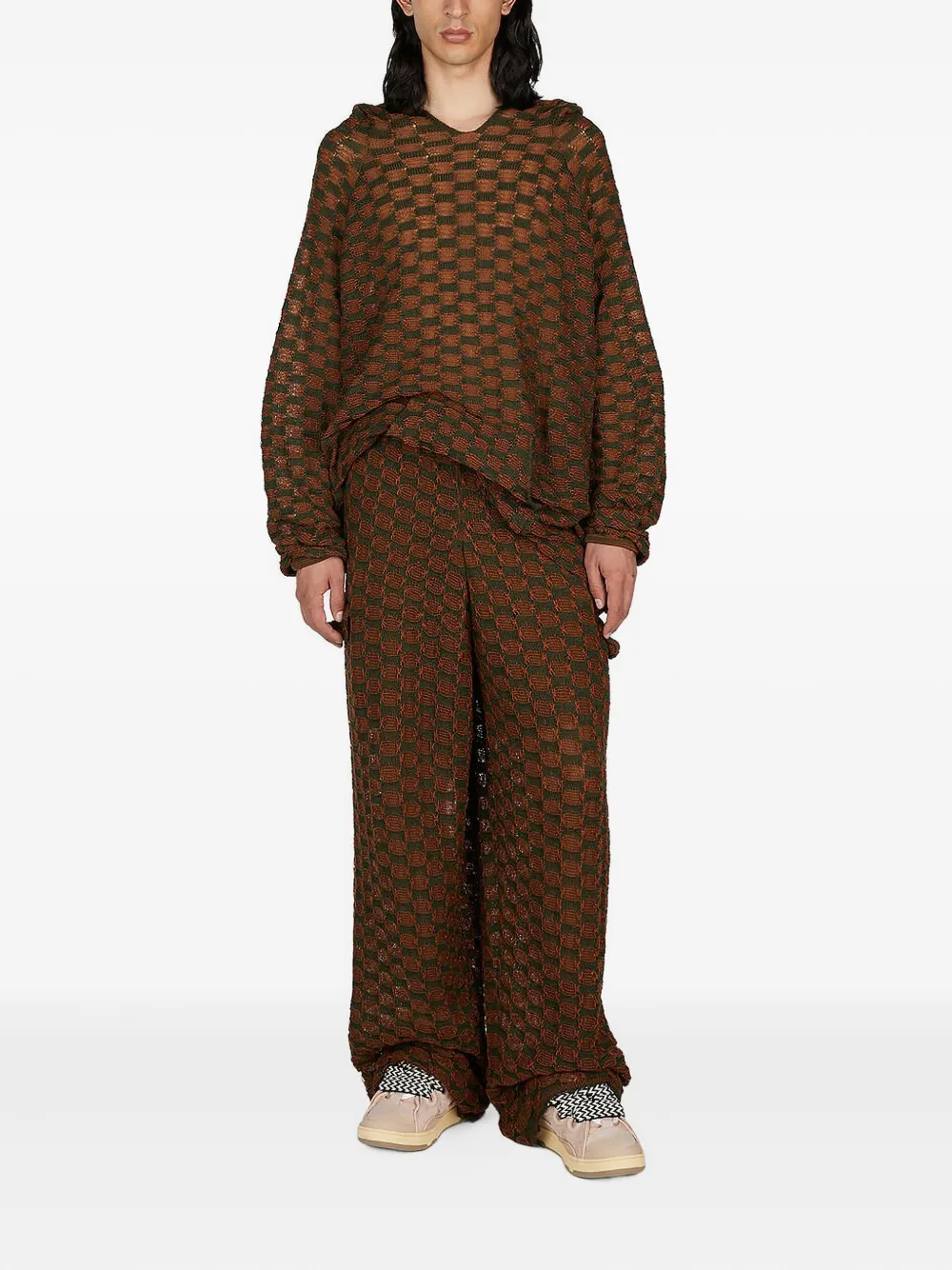 Isa Boulder Check Knit Hooded Sweater In Brown