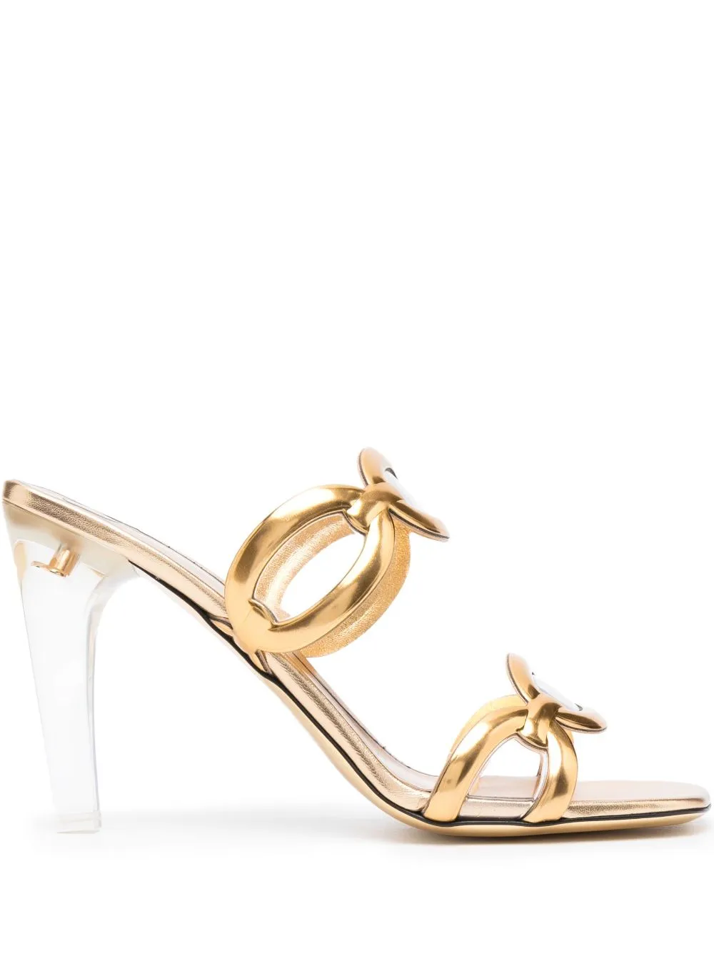 Valentino Metallic Chain Transparent-heel Mule Sandals In Gold
