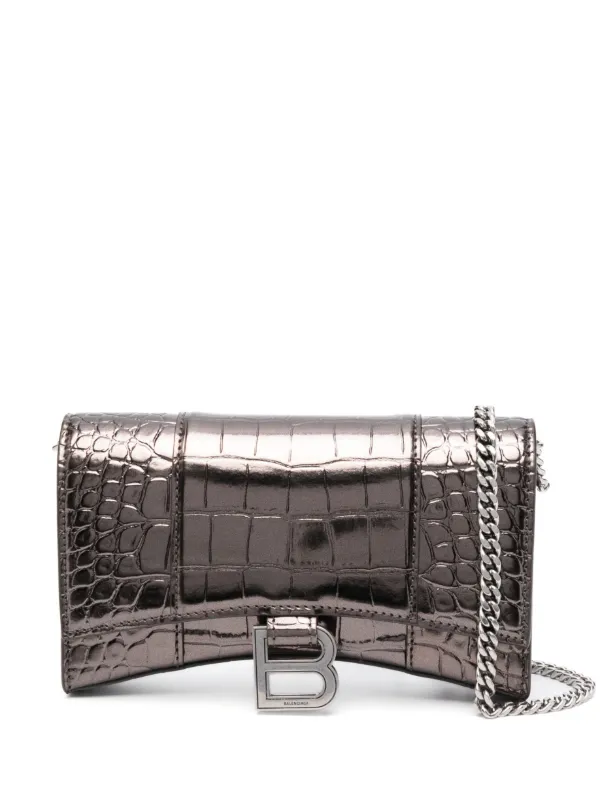 BALENCIAGA Hourglass metallic croc-effect leather shoulder bag