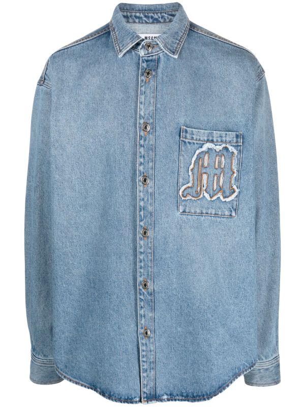 MSGM logo-embroidered Washed Denim Shirt - Farfetch