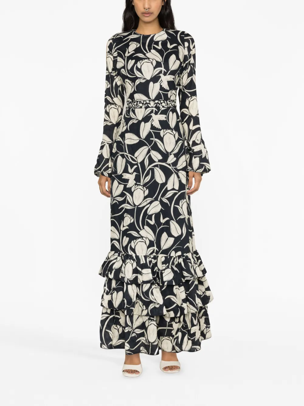 Agua By Agua Bendita Annato Flora-print Ruffled Linen Dress in Blue, view 3