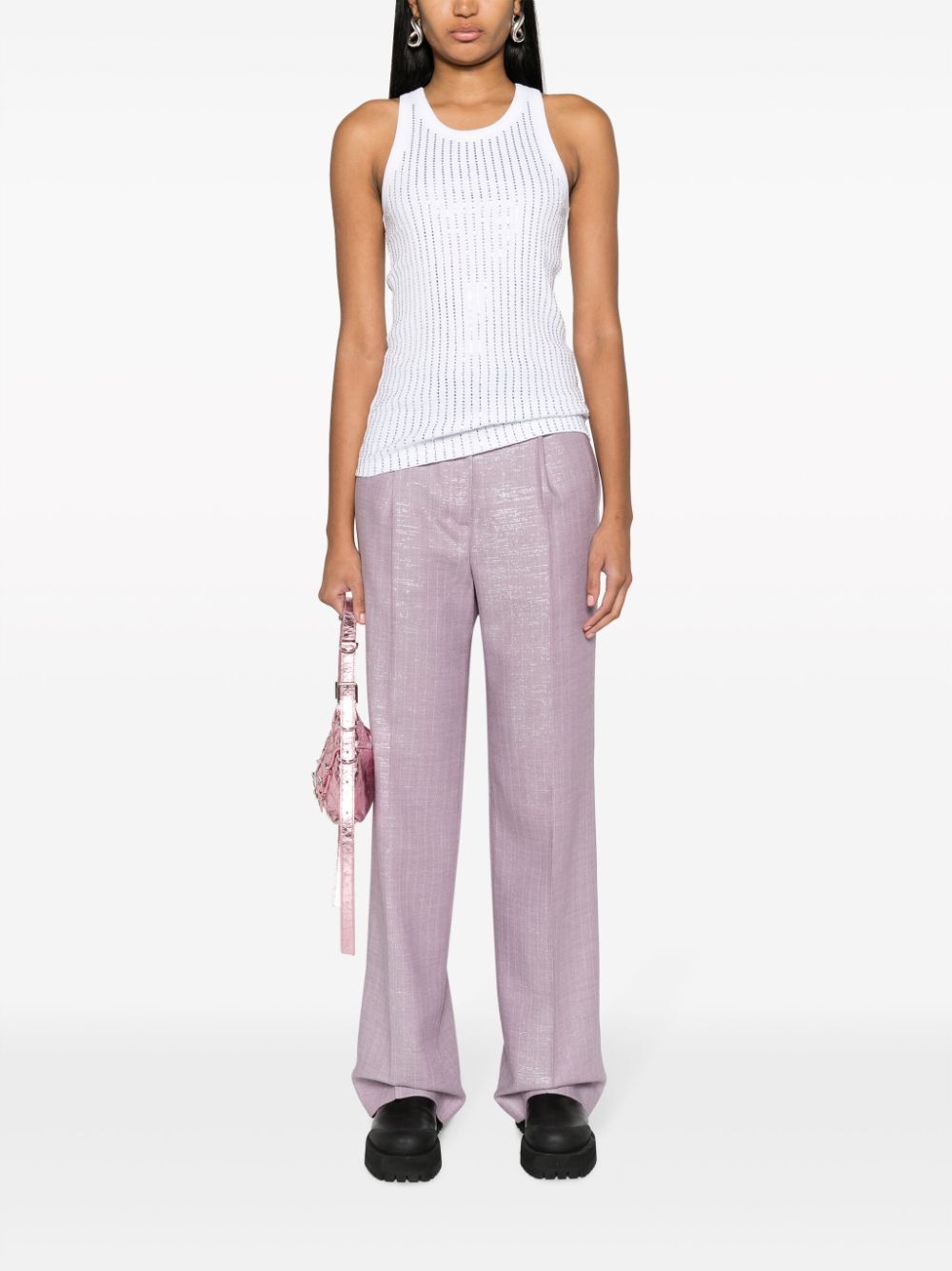 Shop Msgm Shiny Pinstriped Wide-leg Trousers In Purple