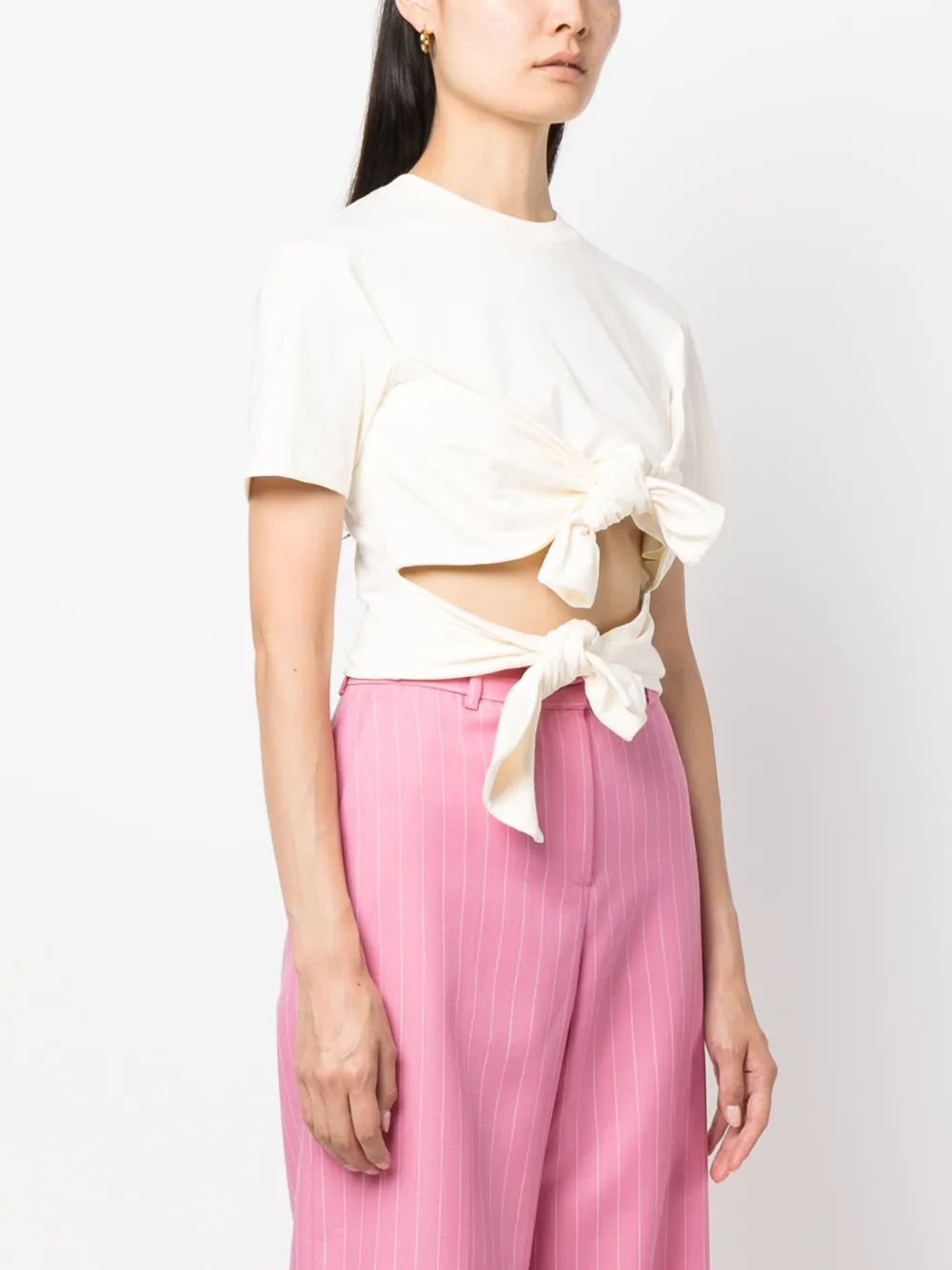 Msgm Pussy-bow Fastening Cotton T-shirt In Neutrals