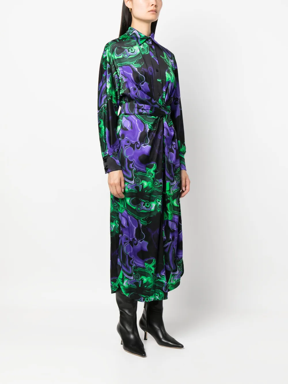 Shop Msgm Abstract-print Tied-waist Shirt Dress In Purple