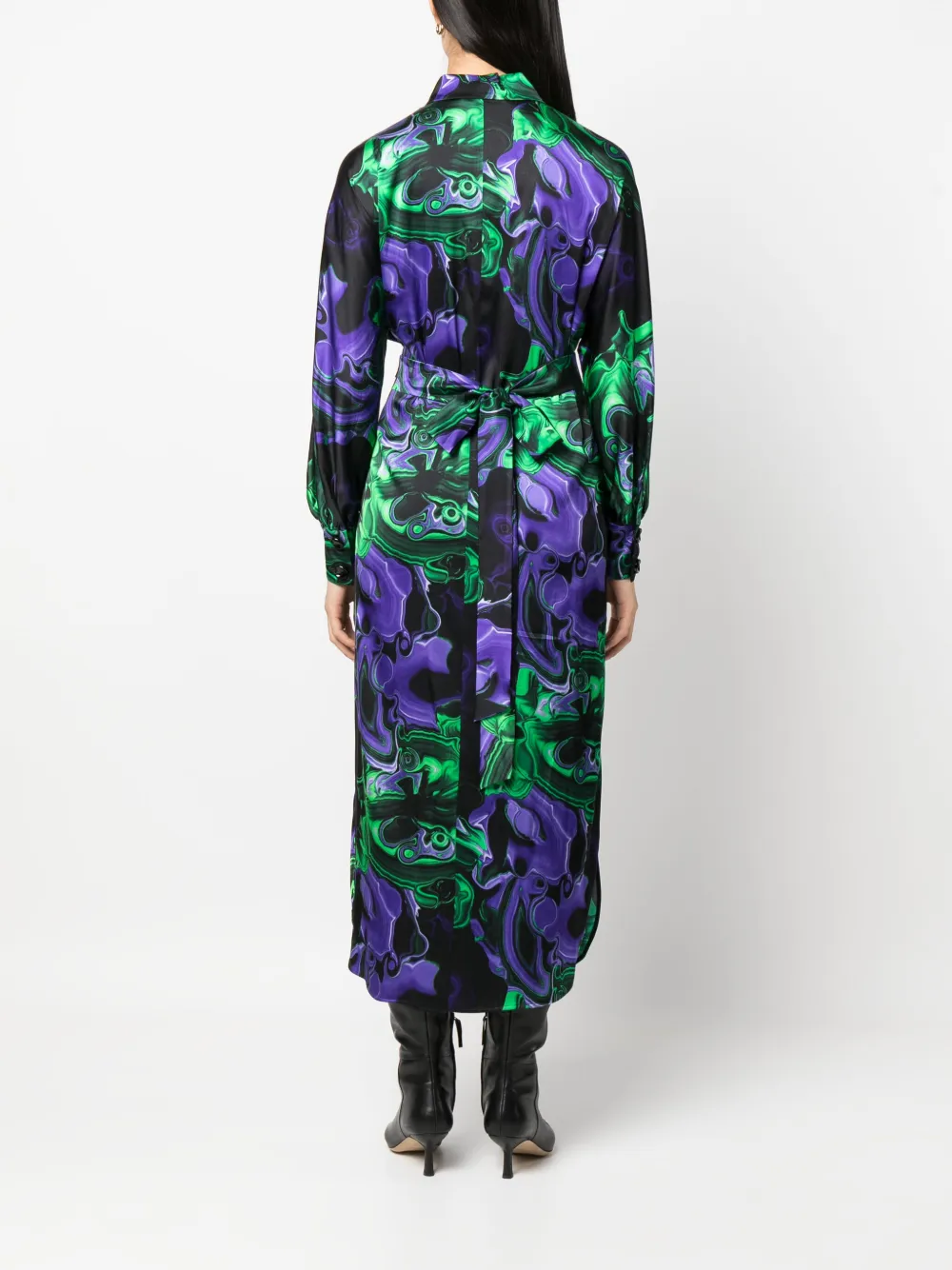 Shop Msgm Abstract-print Tied-waist Shirt Dress In Purple