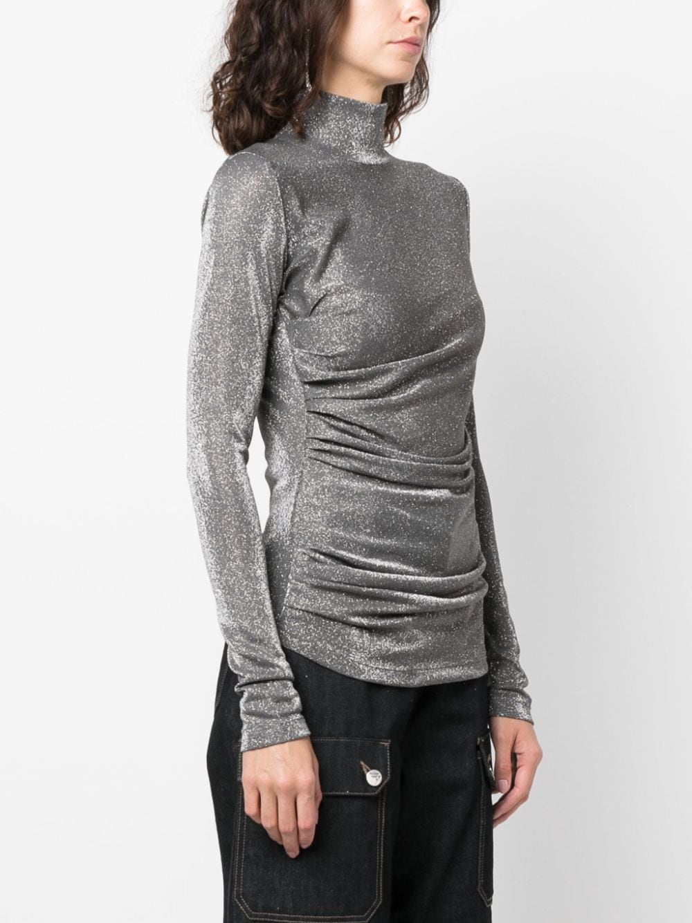 Shop Msgm Glittery Gathered High-neck T-shirt In Grey