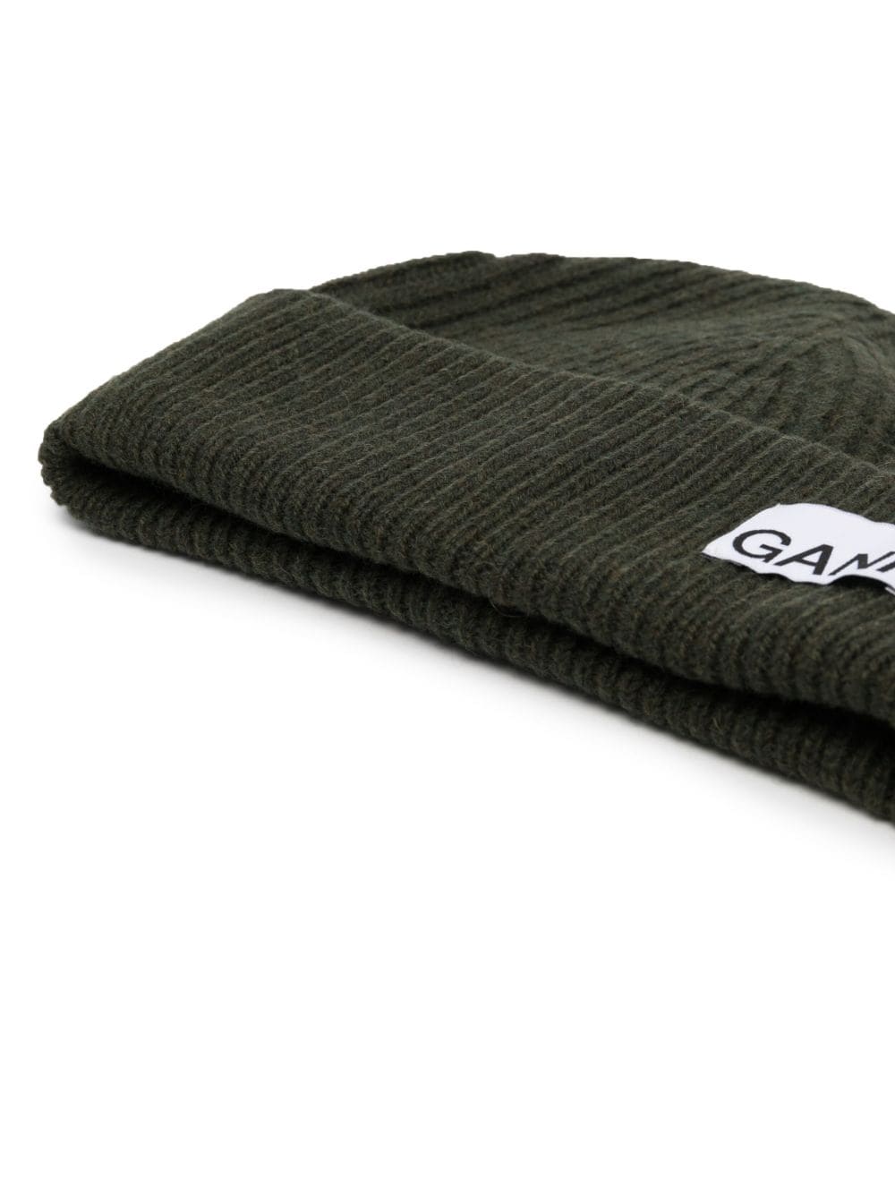Shop Ganni Logo-patch Ribbed-knit Beanie In Green