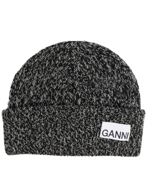 GANNI - logo-patch ribbed-knit beanie