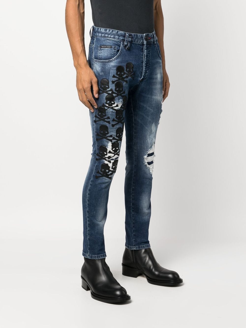 Shop Philipp Plein Skull & Bones Logo-embroidered Ripped Jeans In Blue