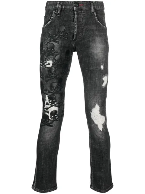Philipp Plein Skull & Bones logo-embroidered ripped jeans