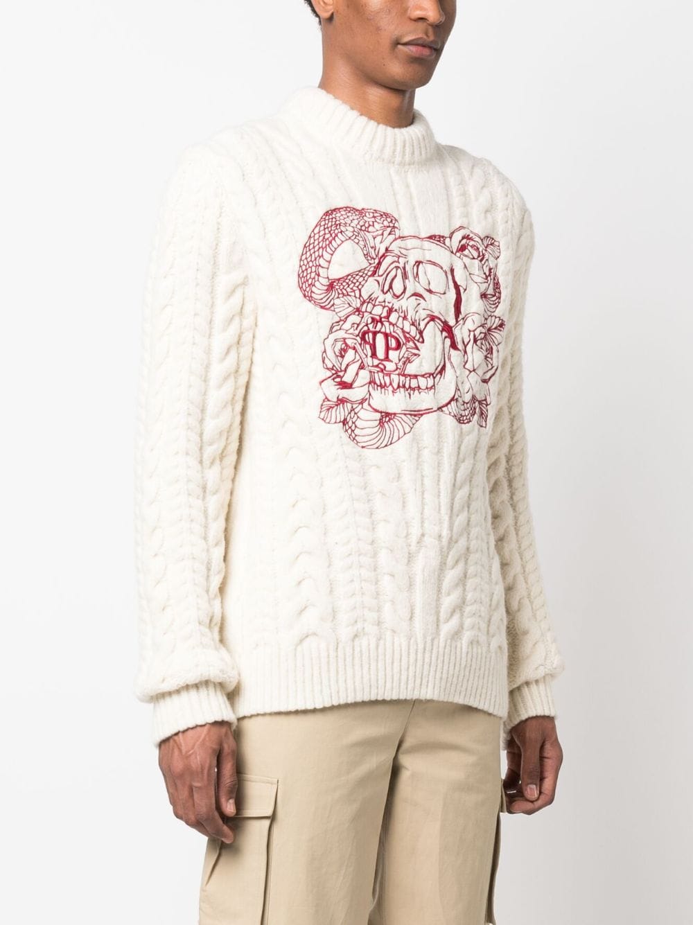 Shop Philipp Plein Skull-embroidered Cable-knit Sweatshirt In White