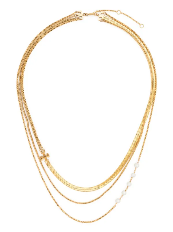 Tory Burch logo plaque multi chain Necklace Farfetch